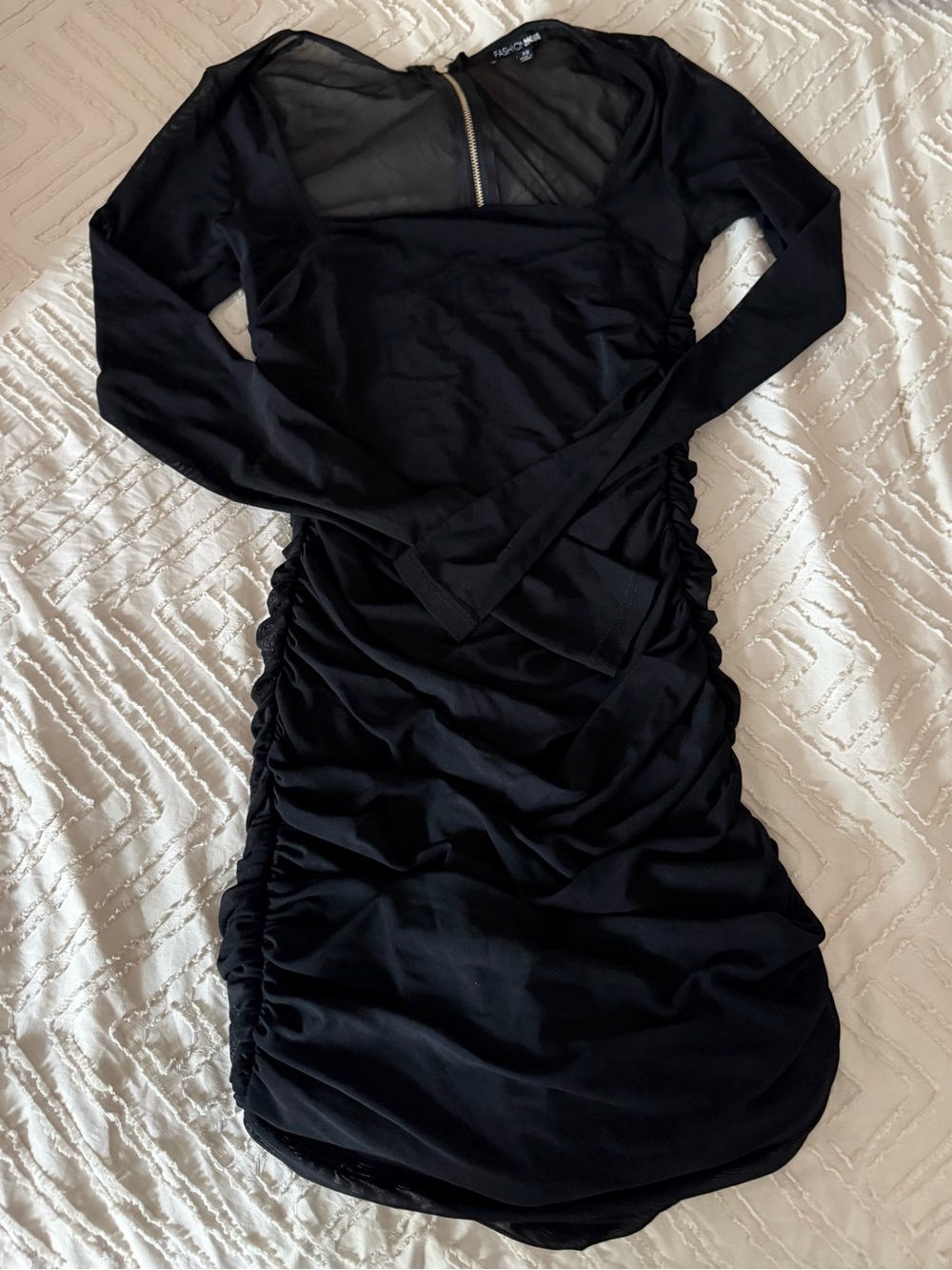 Fashion Nova Black Long-Sleeve Ruched Mesh Yoke Dress